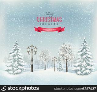 Christmas winter landscape with lampposts. Vector.