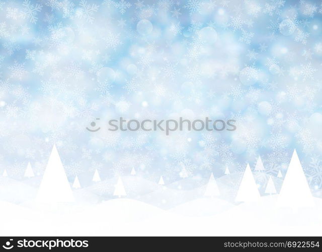 Christmas winter on blue background. White snow with snowflakes on silver bright light. Christmas tree. Vector illustration