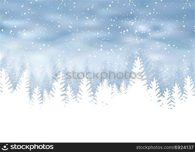 Christmas winter on blue background. White snow with snowflakes on silver bright light. Christmas tree. Vector illustration