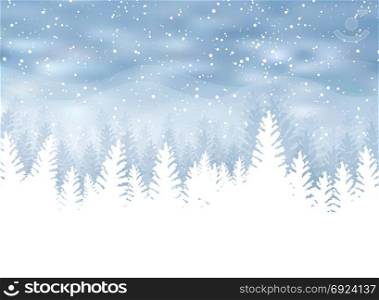 Christmas winter on blue background. White snow with snowflakes on silver bright light. Christmas tree. Vector illustration