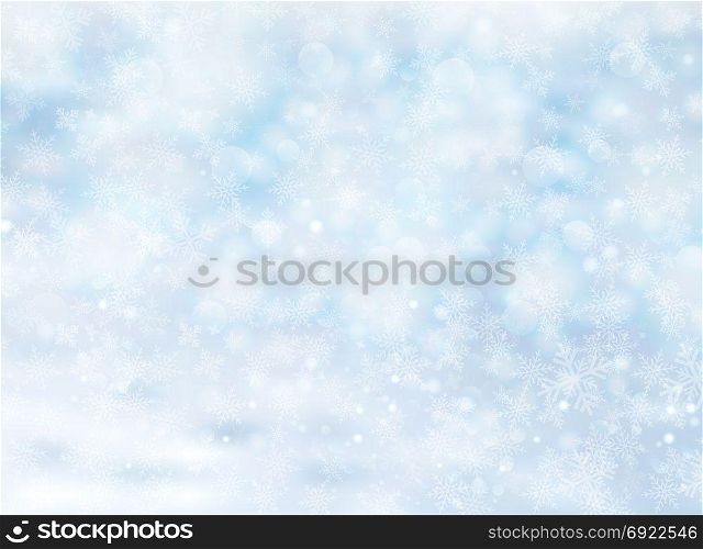 Christmas winter on blue background. White snow with snowflakes on silver bright light. Vector illustration