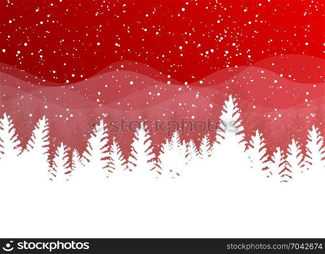 Christmas winter on red background. White snow with snowflakes on silver bright light. Christmas tree. Vector illustration