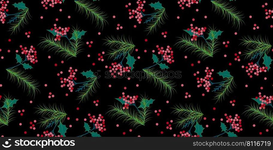 Christmas, winter red berries, tree fir branches on black  background print pattern