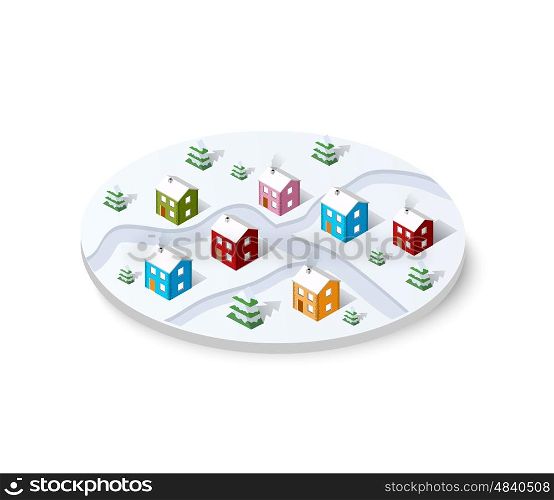 Christmas winter snowbound landscape 3d isometric urban city infographic concept. Town center map with buildings and roads on the plane.. Christmas winter snowbound