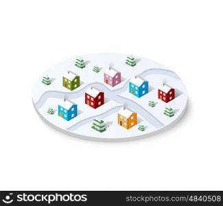 Christmas winter snowbound landscape 3d isometric urban city infographic concept. Town center map with buildings and roads on the plane.. Christmas winter snowbound