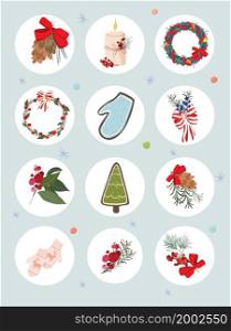 Christmas winter stickers collection, cute design and elements for scrapbook. For gift wrapping, greeting card envelopes, planners. For covers. Christmas winter stickers collection, cute design and elements for scrapbook. For gift wrapping, greeting card envelopes, planners . For covers
