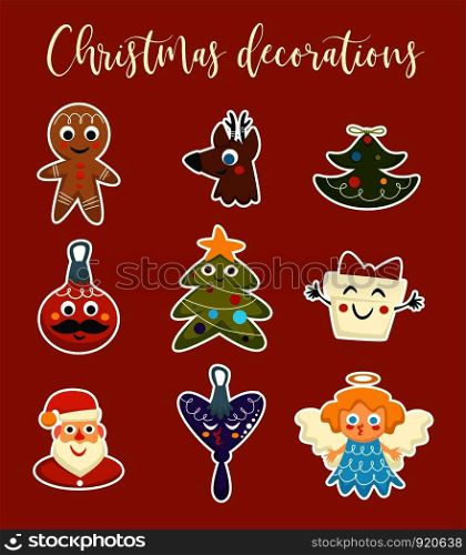 Christmas wintertime holiday, symbols and characters of event vector. Santa Claus wearing traditional clothes and red hat, evergreen pine tree decorated with garland. Snowman with present faced box. Christmas wintertime holiday, symbols and characters of event vector.