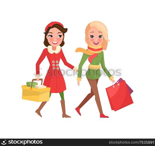 Christmas wintertime, winter holiday preparation vector. Woman carrying paper package and basket with products. Females friends shopping together. Christmas Wintertime, Winter Holiday Preparation