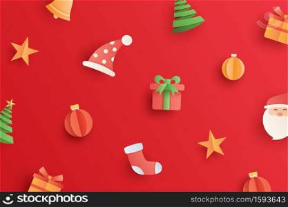 Christmas with objects and element in paper art style on red background.
