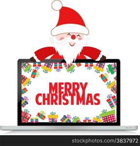 christmas with santa claus and gift on laptop