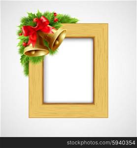 Christmas wood frame with Bell and holly berry. Vector illustration . Christmas wood frame with Bell and holly berry. Vector illustration EPS10