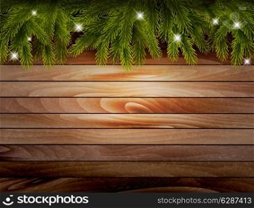 Christmas wooden background with branches and baubles. Vector