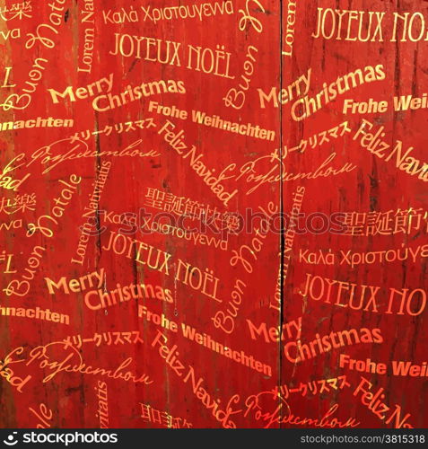 Christmas Words Pattern On Red Wooden Texture. Vector