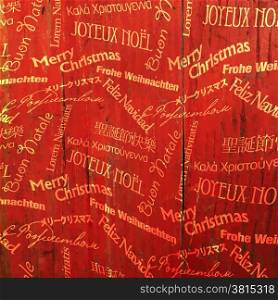 Christmas Words Pattern On Red Wooden Texture. Vector
