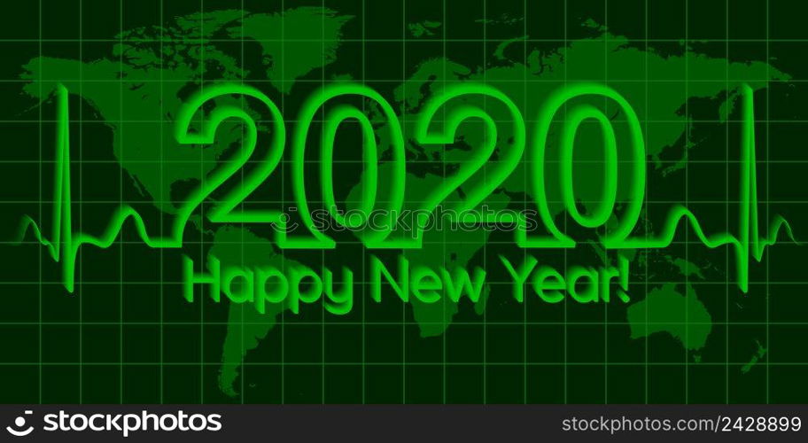 Christmas world map banner, 2020 happy new year, vector 2020 the crisis, the wave matrix of cardiology, the concept of success and prosperity