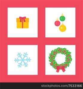 Christmas wreath and present in box with bow ribbon isolated icons set vector. Giftbox and baubles ball decoration of tree, snowflake ice ornament. Christmas Wreath and Present Box with Bow Ribbon