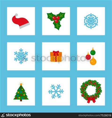 Christmas wreath and present in decorated box vector. Isolated icons of winter holidays symbols, snowflake and Santa Claus hat, baubles and pine tree. Christmas Wreath and Present in Decorated Box