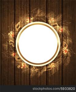 Christmas wreath and round banner on a wooden background