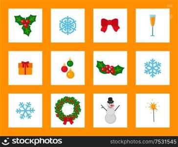 Christmas wreath circle shape of mistletoe leaves and berries set of icons vector. Champagne glass, snowman and snowflake, present and git, bow ribbon. Christmas Wreath Circle Shape of Mistletoe Set