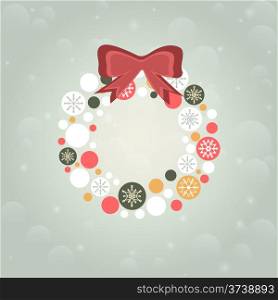Christmas wreath decorated with balls and snowflakes. Vector background