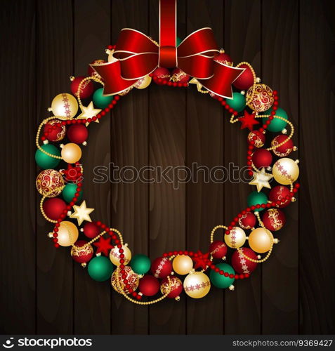 Christmas wreath decoration from red and gold Christmas Balls with red bow knot. Vector illustration