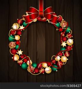 Christmas wreath decoration from red and gold Christmas Balls with red bow knot. Vector illustration