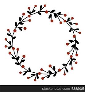 Christmas wreath from branches with leaves and red berries vector illustration. Circular frame for postcards or congratulations. Traditional cranberry round frame for text. Congratulatory New Year and Christmas card.. Christmas wreath from branches with leaves and red berries vector illustration.