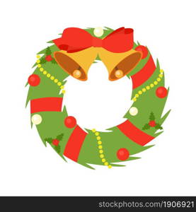 Christmas wreath icon with red bow. isolated on white background for holiday decoration design. Vector illustration in flat style. Christmas wreath icon