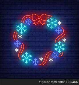 Christmas wreath in neon style. Christmas, tree, New Year. Night bright advertisement. Vector illustration in neon style for poster, banner