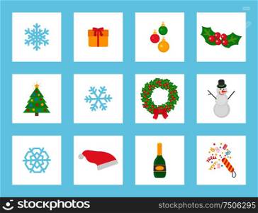 Christmas wreath made of mistletoe and bow isolated icons set vector. Snowman and champagne, baubles and gifts in boxes, snowflake and Santa Claus hat. Christmas Wreath Made of Mistletoe and Bow Icons