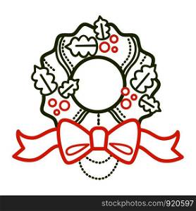Christmas wreath made of mistletoe traditional plant leaves vector. Foliage with berries, circular shape of decoration on front doors of people. Isolated icon of bow made of ribbon and greenery. Christmas wreath made of mistletoe traditional plant leaves