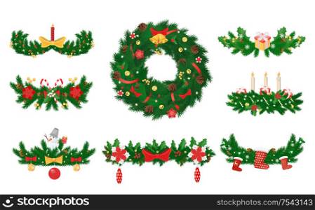 Christmas wreath made of pine and candles bows vector. Decoration with ribbons, leaves and balls, socks for presents and toys, bell on spruce circle. Christmas Wreath Made of Pine and Candles Bows