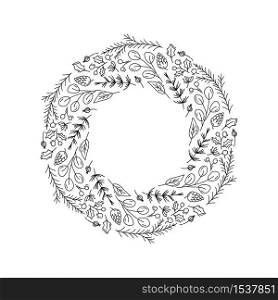Christmas wreath monoline with doodle elements with place for your text. Hand drawn vector illustration for greeting card, poster, web.. Christmas wreath monoline with doodle elements with place for your text. Hand drawn vector illustration for greeting card, poster, web
