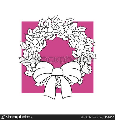 Christmas wreath of holly leaves and berries decorated with a bow. Black and white coloring page for children. Cute cartoon character. Flat vector isolated illustration.