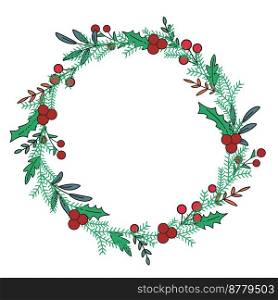 Christmas wreath with berries and foliage clip art. Blank template festive rim for card or invitation isolated vector illustration. botanical round border. Christmas wreath with berries and foliage clip art