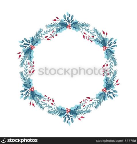 Christmas wreath with berries, pine cone and branches. Vector template for greeting card. Winter frame isolated on white background with place for text.. Christmas wreath with berries, pine cone and branches. Vector template for greeting card. Winter frame isolated on white background with place for text