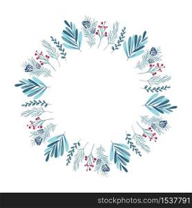 Christmas wreath with berries, pine cone and branches. Vector template for greeting card. Winter frame isolated on white background with place for text.. Christmas wreath with berries, pine cone and branches. Vector template for greeting card. Winter frame isolated on white background with place for text