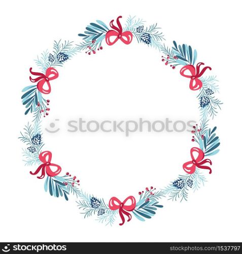 Christmas wreath with bouquet flower . Vector template for greeting card. Winter frame cones and pink bow isolated on white background with place for text.. Christmas wreath with bouquet flower . Vector template for greeting card. Winter frame cones and pink bow isolated on white background with place for text
