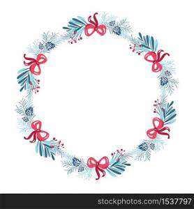 Christmas wreath with bouquet flower . Vector template for greeting card. Winter frame cones and pink bow isolated on white background with place for text.. Christmas wreath with bouquet flower . Vector template for greeting card. Winter frame cones and pink bow isolated on white background with place for text
