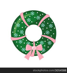 Christmas Wreath with bow icon in flat style isolated on white background. Vector illustration.. Christmas Wreath icon in flat style.