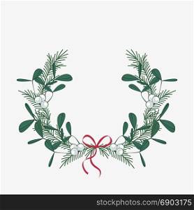 Christmas wreath with branches and mistletoe. Vector illustration of Christmas wreath with branches and mistletoe. Happy Christmas greeting card
