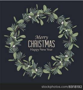 Christmas wreath with branches and mistletoe. Vector illustration of Christmas wreath with branches and mistletoe. Happy Christmas greeting card