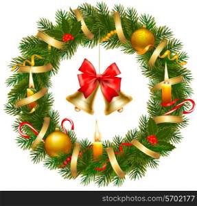 Christmas wreath with christmas tree and bell. Vector illustration