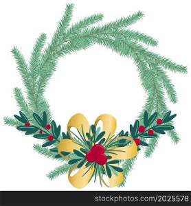 Christmas wreath with fir branches, berries and deciduous twigs. Round traditional decor New year en isolated object. Festive natural decoration vector. Christmas wreath with fir branches berries and deciduous twigs