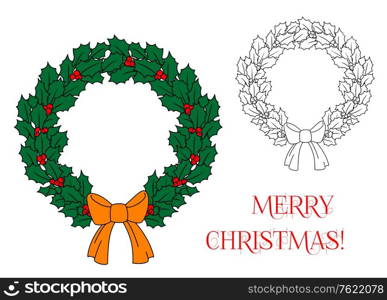 Christmas wreath with holly and berries for holiday design