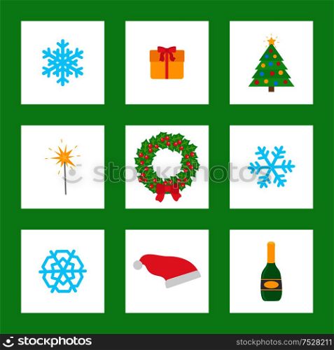 Christmas wreath with mistletoe, champagne alcoholic drink isolated icons vector. Snowflake and Santa Claus hat, pine tree decorated with garlands. Christmas Wreath with Mistletoe, Champagne Drink