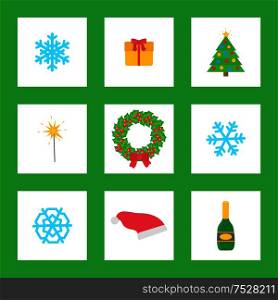 Christmas wreath with mistletoe, champagne alcoholic drink isolated icons vector. Snowflake and Santa Claus hat, pine tree decorated with garlands. Christmas Wreath with Mistletoe, Champagne Drink