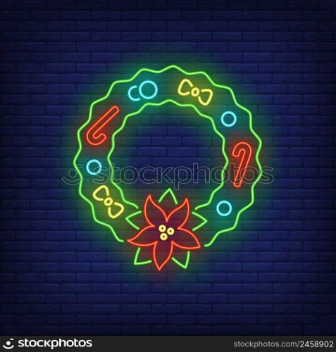 Christmas wreath with poinsettia flower, candy canes neon sign. Christmas and New Year Day decor design. Night bright neon sign, colorful billboard, light banner. Vector illustration in neon style.