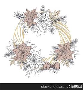 Christmas wreath with poinsettia. Vector hand-drawn illustration.. Christmas plants set.