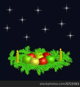 Christmas wreaths with fresh red both green apples and candles - vector